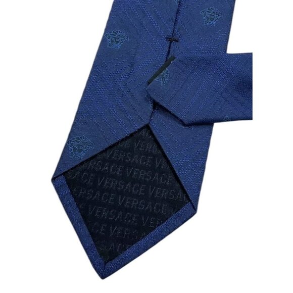 VERSACE Men's 100% Silk Necktie LUXURY Tie Blue Tartan Monogram Logo W:3.2" EUC - Picture 4 of 4